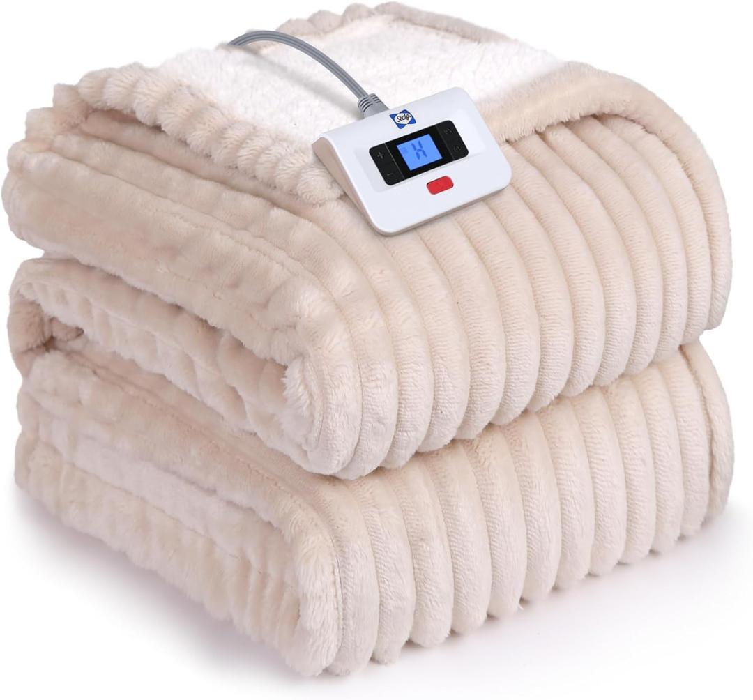 Sealy Electric Blanket Twin Size, Soft Ribbed Flannel to Sherpa Reversible Heated Blanket with 10 Heat Settings & 1 to 12 Hours Auto-Off Overheat Protection Machine Washable, 62"x84" Beige