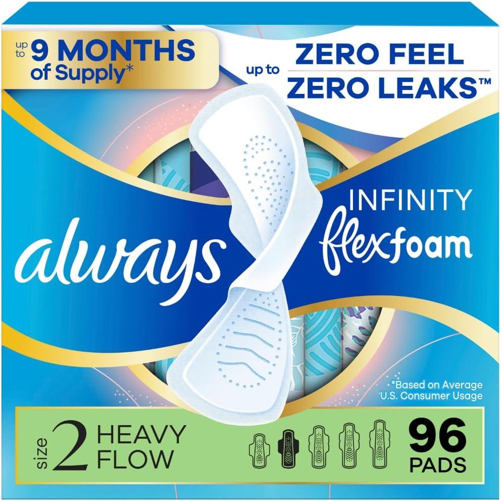 Always Infinity Feminine Pads for Women, Flexfoam Pads with Wings, Size 2, Heavy Absorbency, Unscented, 96 Count (3 Packs of 32)