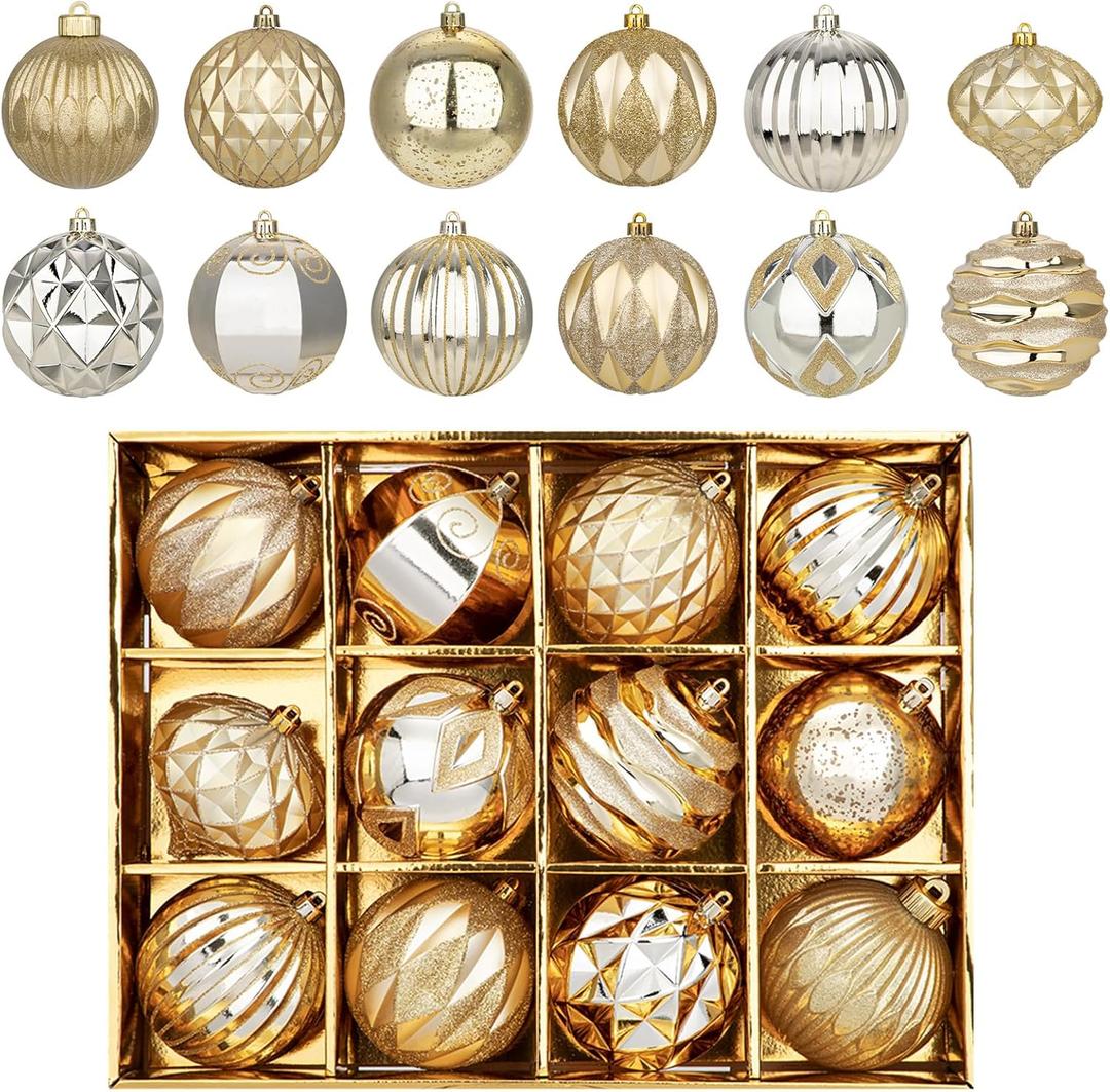 Hollyone 4 Inch Christmas Ball Ornaments 12Pcs Christmas Tree Balls Ornaments Colored Shatterproof Christmas Ornaments for Xmas Tree Decor for Holiday Party Wreath Home Decor (Champagne, 100mm)
