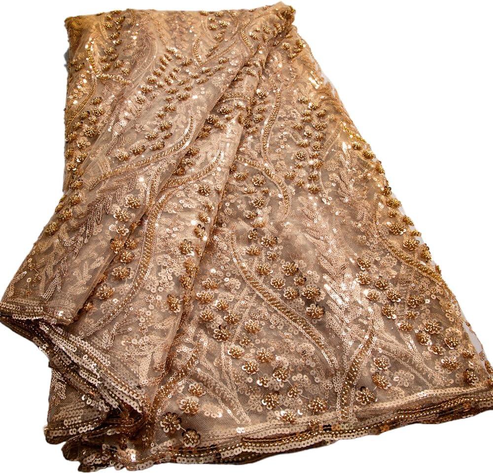 African Lace Fabric 5 Yards French Tulle Fabric 3D Sequin Crochetwork Embroidery Crochetwork Fabric Suitable for Wedding/Party/Everyday Sewing (Crimson Gold)