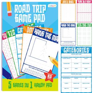 Road Trip Game Pad, 80 Perforated Sheets Travel Activity Pad, 5 Games in 1 Pad, Plane, Car Trip Activity, Pen Pencil & Paper Game for Kids, Adults (6 x 9)