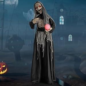 6ft Halloween Animatronics Standing Witch with Light Up Eyes and Magical Ball - Color: Black - Size: 6 ft