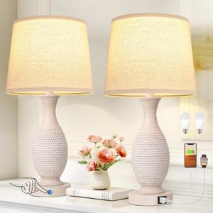 Seealle 22.6" Bedside Lamps Set of 2 with USB C+A - Dimmable Touch Lamps for Night Stands Bedroom Living Room End Table, Oat Shade 