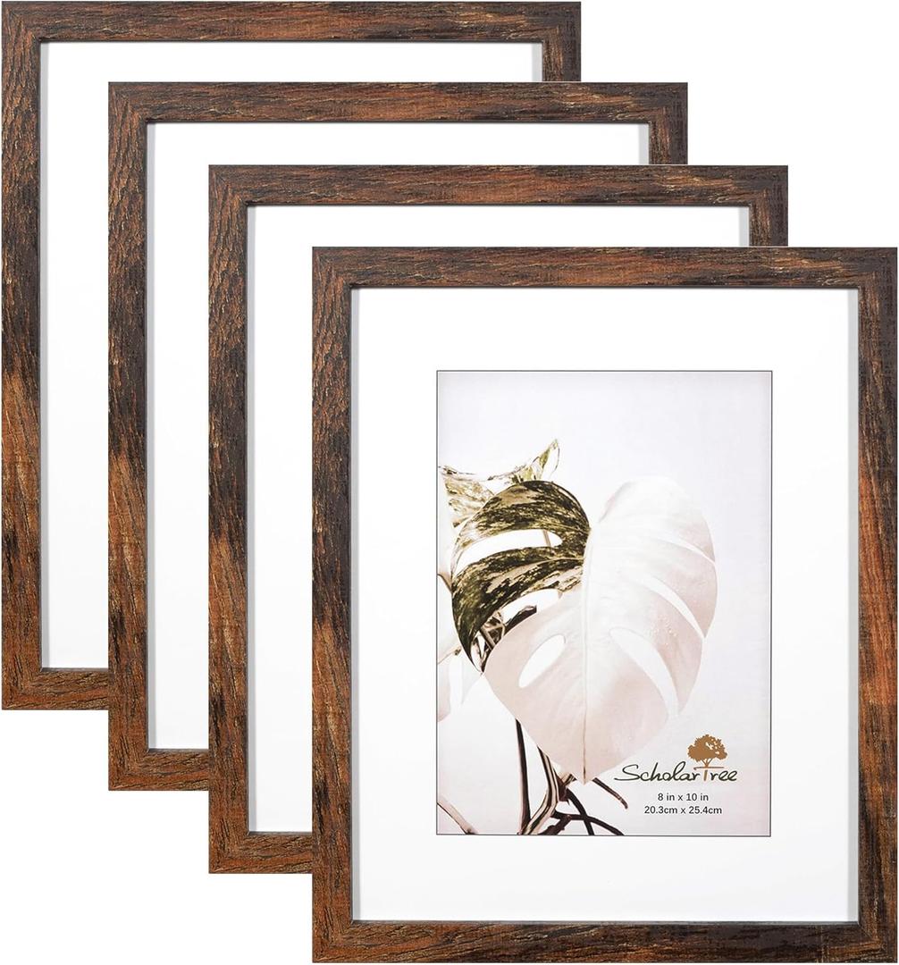 Wooden Brown 8x10 Picture Frame set of 4, Display 8x10 without Mat Wall Gallery Photo Frames