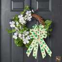 BUVANE St. Patrick's Day Wreath Bow,12 x 20 Inches Large Green Shamrock Irish Holiday Decoration Bow with Streamer Wired Edge Ribbon (Beige)