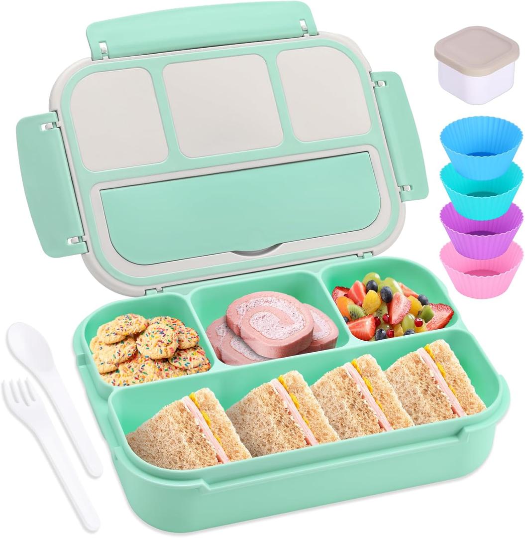 Bento Box Adult Lunch Box, Lunch Containers for Kids Girls Boys with 4 Compartments, Lunchable Food Container with Utensils, Sauce Jar, Muffin Liners, 40 Oz/5 Cup, Seafoam Green (1200ML)