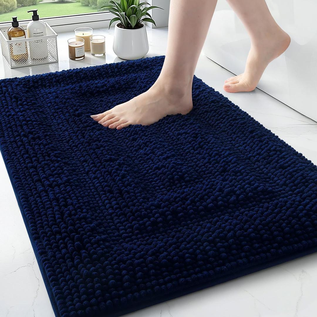 Color&Geometry 24x16 Ultra Soft Chenille Blue Bathroom Rugs, Non-Slip Bath Mat with Elastic Fabric Backing, Super Absorbent and Washable Shower Mats for Inside Shower,Tub,Bathroom, Navy Blue