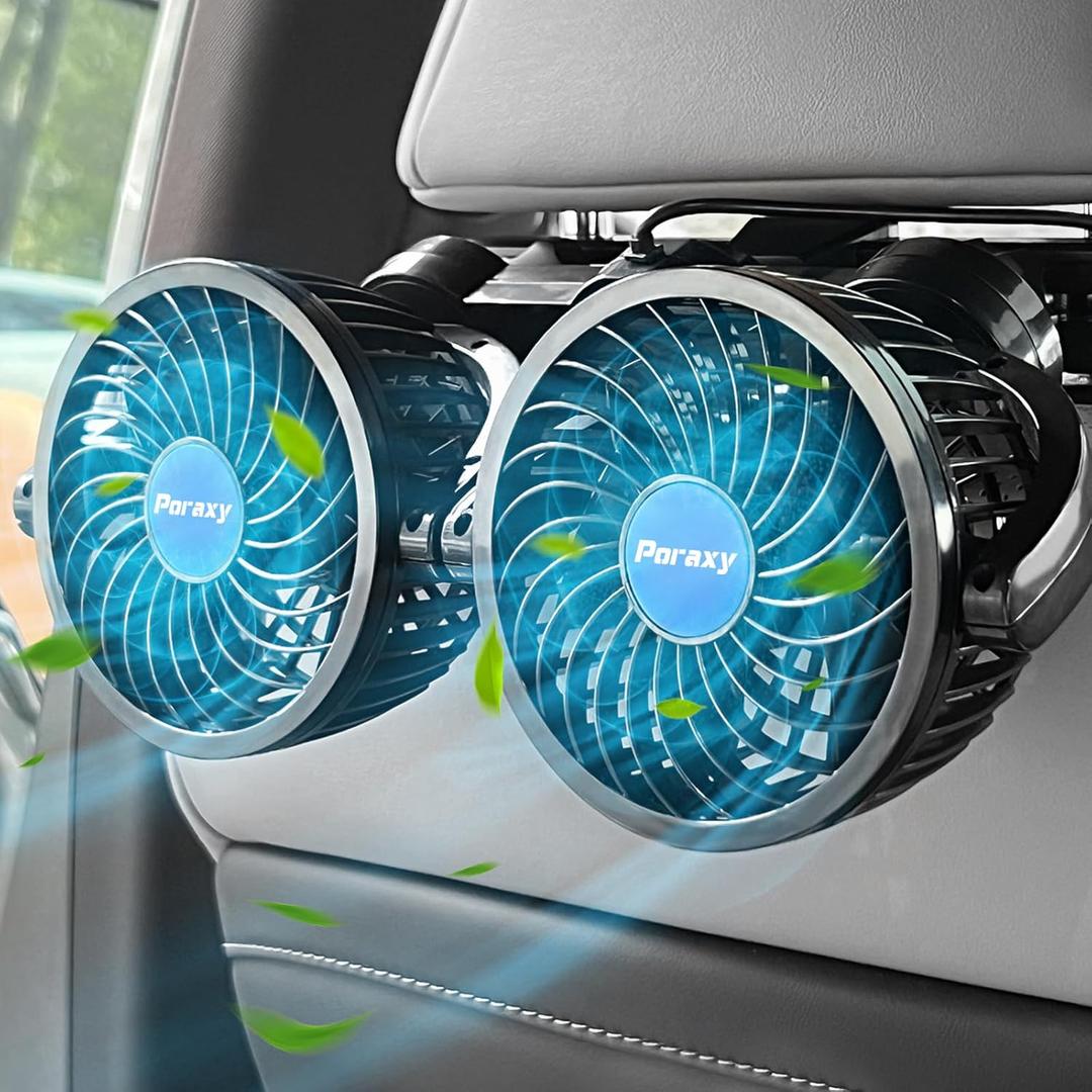 Poraxy Car Fan, Dual Head Car Fans for Backseat for Kids, Headrest 360 Degree Rotatable Back Seat Stepless Speed Vehicles Rear Seat 12V Cooling Air Fan for Sedan SUV RV Poraxy Car Fan, Dual Head Car Fans for Backseat for Kids, Headrest 360 Degree Rotatable Back Seat Stepless Speed Vehicles Rear Seat 12V Cooling Air Fan for Sedan SUV RV