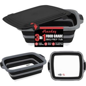 2-Pack XL Collapsible BBQ Prep Tub with Lid (4.22 Gal / 16L) - Built-In Cutting Board & Strainer, Large Meat Marinade Container, Camping Sink & Food Storage Bin for Grilling, Outdoor Cooking - Black