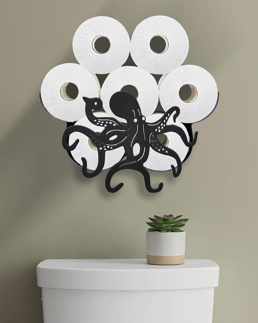 Octopus Toilet Paper Holder for Extra 8 Rolls, Funny Decorative Toilet Paper Storage Wall Mounted, Farmhouse Bathroom Animal Decor Accessoris Storage Cabinet (Graphite Black - Octopuses)