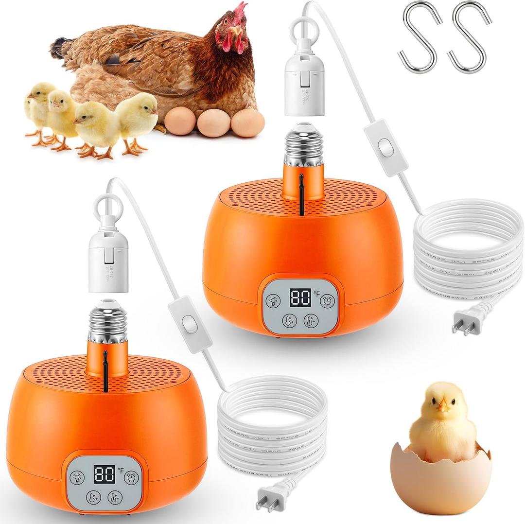 Enhon 2 Pack Chicken Coop Heater, Timing Heat Lamp for Chickens, Smart Temperature Control Chicken Brooder Heater, 5 Ft Ultra Long Cable Reptile Heating Lamp for Chicks Duck Dog Cats, No Remote