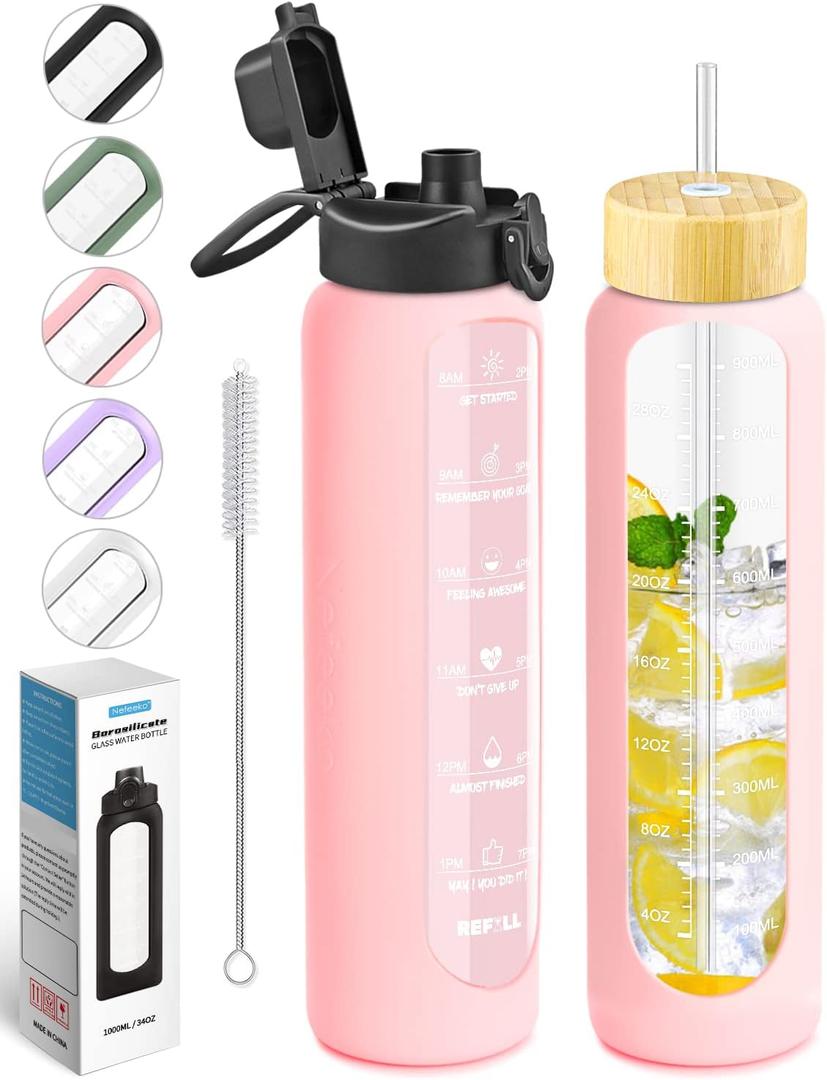 Nefeeko 32 oz Glass Water Bottles with Straw, Motivational Glass Water Bottle with Time Marker, 1 Liter BPA FREE Leakproof Reusable Glass Water Bottle with Silicone Sleeve, Bamboo Lid, Spout Lid (Pink)