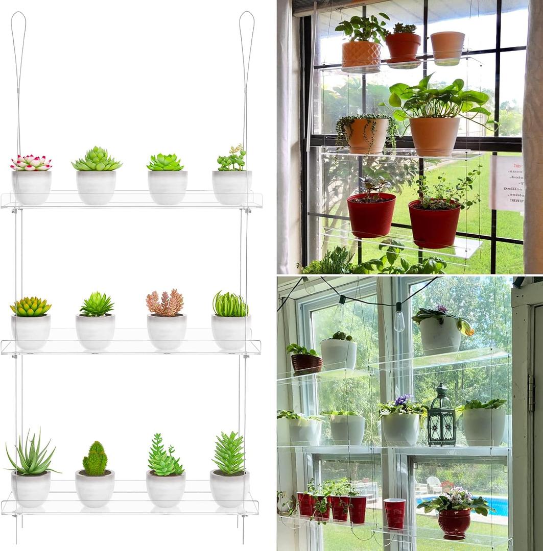 3Tier Clear Hanging Window Plant Shelves 16In, Height Adjustable Acrylic , Indoor Windows Wall Hanging Plant Stand Flower Display, Flower Pot Organizer Storage for Grow Herbs, Microgreens, Succulents