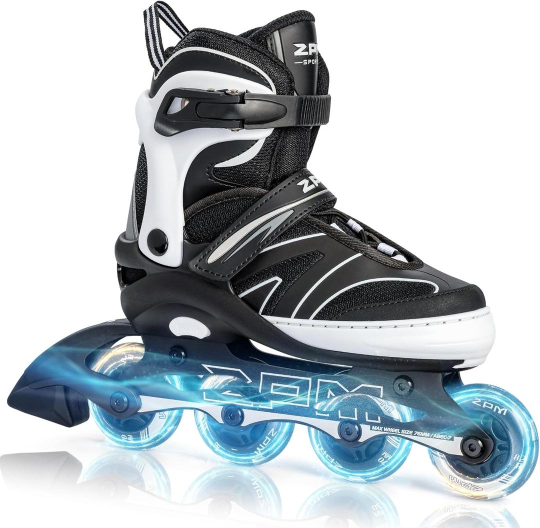 2PM SPORTS Kids Adjustable Inline Skates Ages 4-12, Youth Inlie Skates for Girls Boys 5-8 8-12 with Full Light Up Wheels, Beginner Women Adult Skates (X-Large - Adult, White)