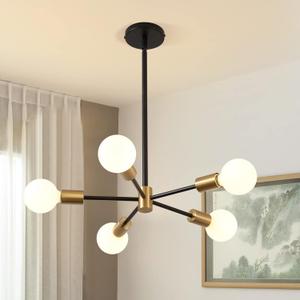 KAISITE Sputnik Chandelier Light Fixture - Modern 5-Light Sputnik Ceiling Light Height Adjustable Gold and Black Hanging Pendant Lighting for Living Room Kitchen Bedroom Hallway Farmhouse