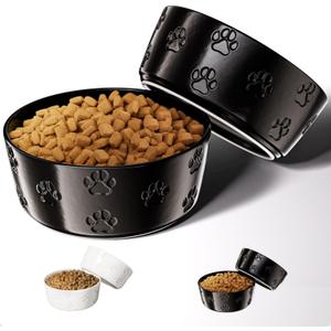 Ceramic Dog Bowl Set of 2 with Anti-Skid Base - 7.5" Wide x 3" Tall Ceramic Dog Bowls for Large Dogs - 6 Cup Capacity Food and Water Bowls for Dogs - Rubber Bottom Pet Bowl Set of 2 for Large Pets (Black)
