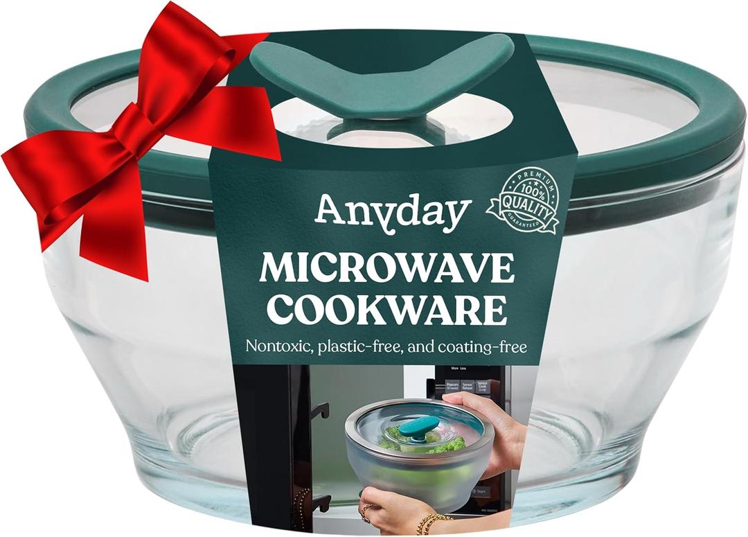 Anyday 4-Cup Glass Food Storage with Glass Lid, Round Deep Dish | Plastic-Free Meal Prep & Microwave Cookware | Stackable Airtight Storage Container with Vented Lid for Microwave-Safe Reheating (Clear - Kale)