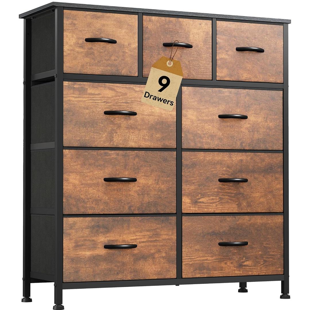 DWVO Dresser with 9 Drawers - Fabric Storage Tower, Organizer Unit for Living Room, Hallway - Sturdy Steel Frame, Wooden Top & Easy Pull Fabric Bins (Cool Rustic Brown)