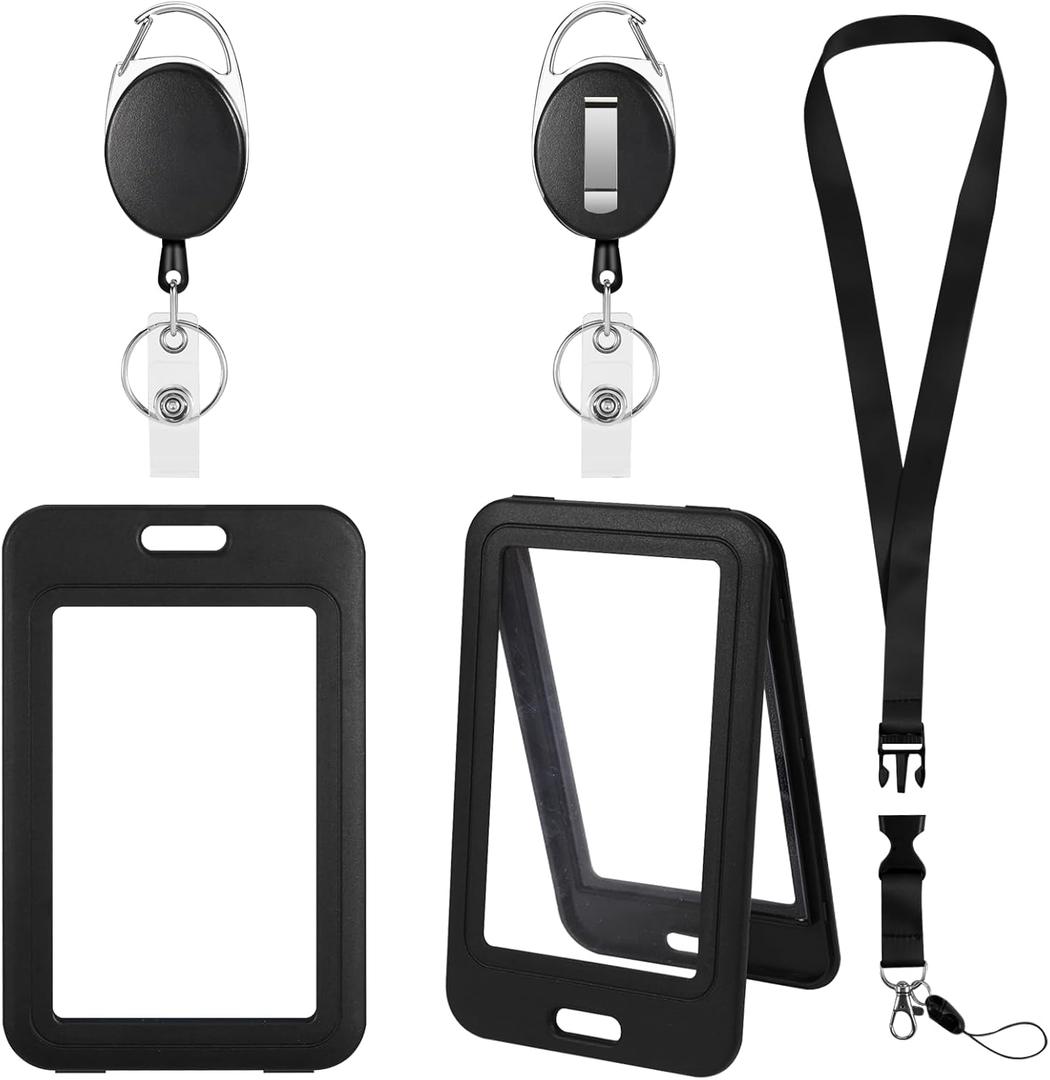 ID Badge Holders and Retractable Reel Clips,Lanyard with Release Buckle, Key Card Holder Nametag Protector (Black-1, Double-Sided Clear(Vertical))