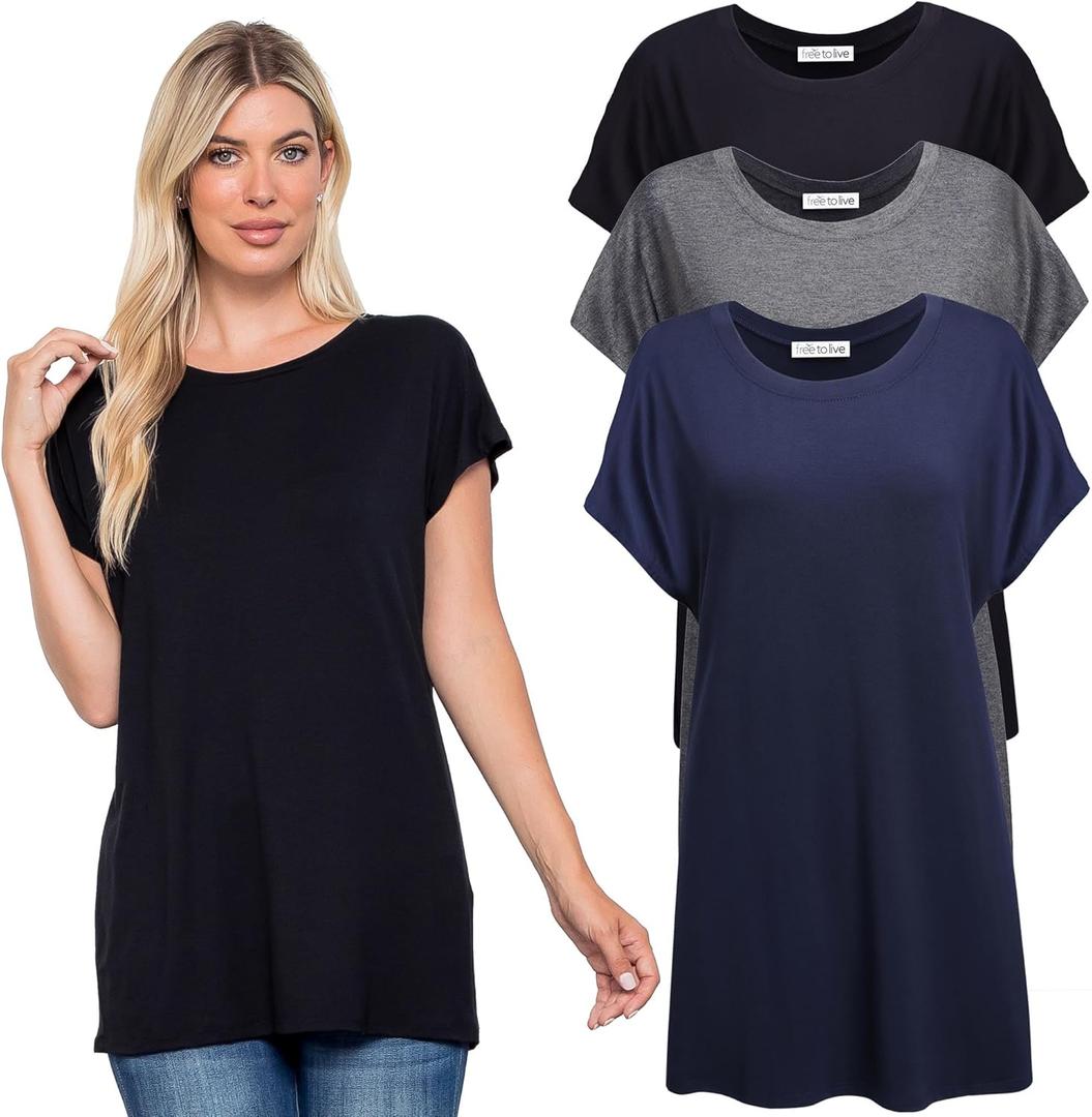 Free to Live 2 Pack Extra Long Tshirts for Women Tunic Tops to Wear with Leggings Short Sleeve Tee Workout T Shirts Loose Fit (Small, Gray, Navy)