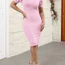 Fastkoala Women's Elegant Ribbed Bodycon Dress Lace Short Sleeve Slim Fit Midi Dress Turtle Neck Night Club Party Dresses (Pink, L)