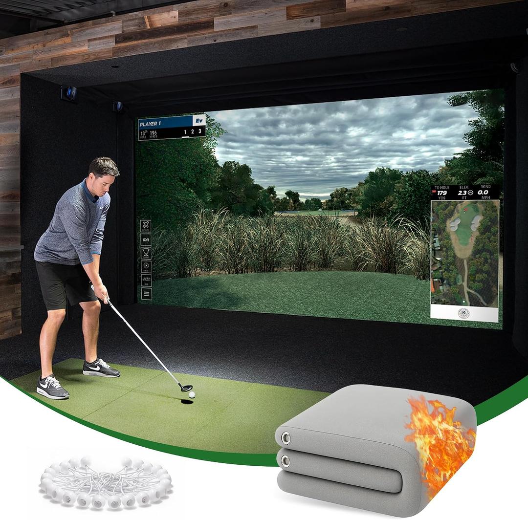 Gray Fireproof Golf Simulator Impact Screen, 3D Air Mesh Impact Screen for Golfs Training Indoor/Outdoor, HD Golf Hitting Screens for Home Practice with Grommet Holes & Bungee Cords, 11.8 x 8.8 ft