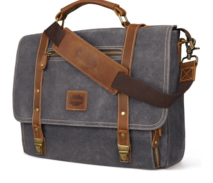 Manificent Laptop Messenger bag for Mens 15.6 Inch, Waterproof Vintage Genuine Leather Mens Briefcase shoulder bag 16 Storage Pockets, Waxed Canvas Leather Computer Business Satchel Work Bag (Gray)