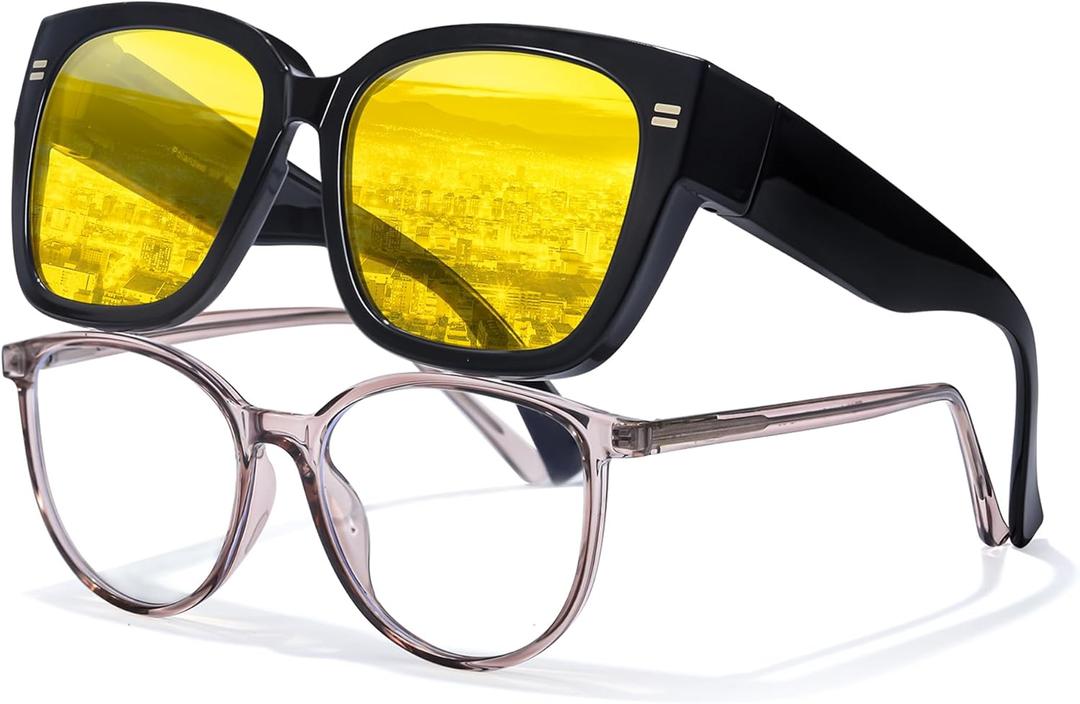 LVIOE Night Vision Glasses for Driving Women Men Yellow Glasses for Night Driving Glare Polarized Wear Over Eyeglasses N4201 (A01 Glossy Black Frame / Night Vision)
