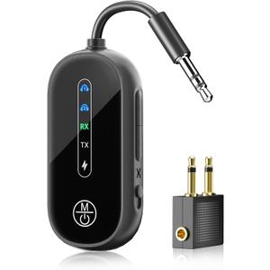Dual Link Airplane Bluetooth 5.4 Transmitter & Receiver 2-in-1 Bluetooth Adapter Airplane Travel Essentials Wireless Receiver 3.5MM AUX Jack Adapter on Flight/TV/Car Stereo/Gym (Black)