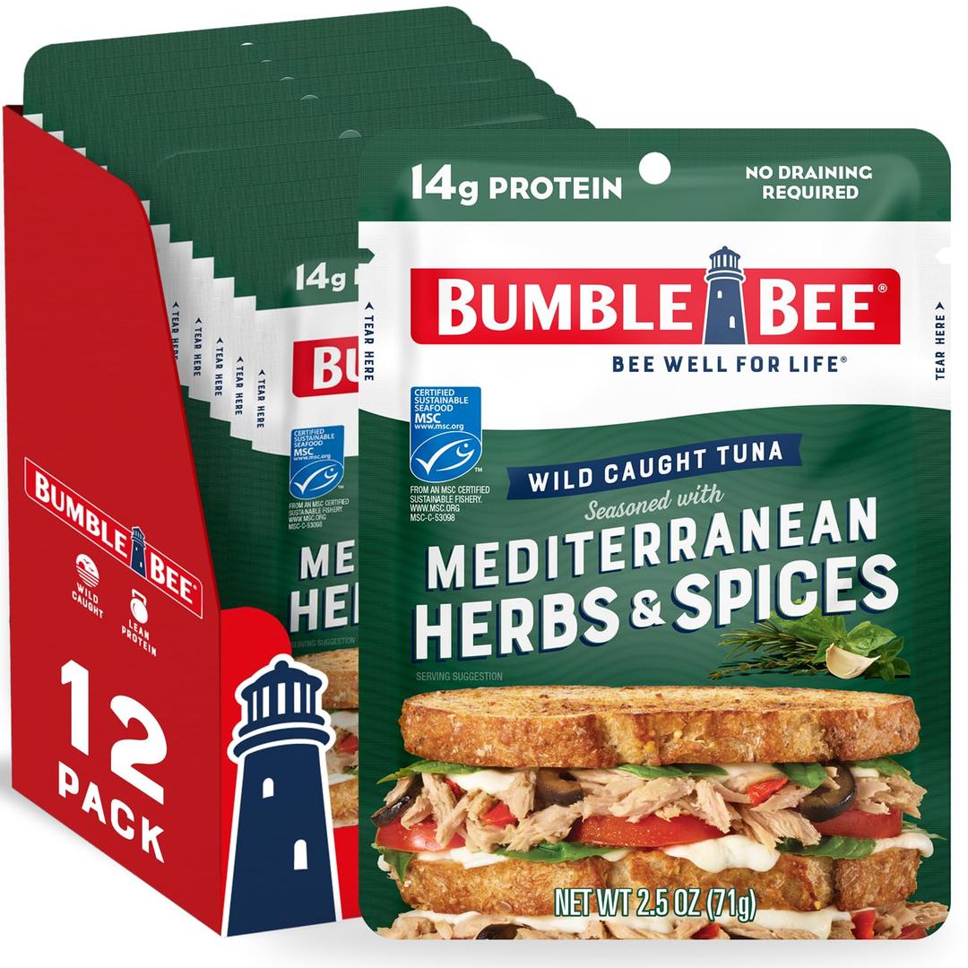 Bumble Bee Mediterranean Herbs & Spices Seasoned Tuna, 2.5 oz Pouches (Pack of 12) - Ready to Eat - Wild Caught Tuna Packet - 14g Protein per Serving - Gluten Free (EXP 06/01/26)