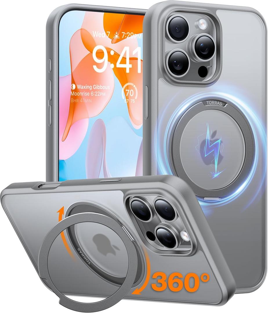 TORRAS Upgraded 360Rotatable Magnetic Ring for iPhone 16 Pro Max Case, Fit for MagSafe with Stand & Ring Holder, 16FT Mil-Grade Shockproof Translucent for iPhone 16 Pro Max Phone Case Ostand, Grey (Natural Titanium)