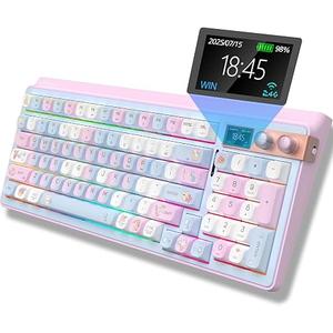 H98 Wireless Mechanical Keyboard,96-Key Hot-Swappable Wired Gaming Keyboard,Tri-Mode Bluetooth 5.0 2.4G USB-C,1.14" Color Screen,Double Knob,6000mAh,RGB,PBT Keycaps for PC Mac iPad-Pink