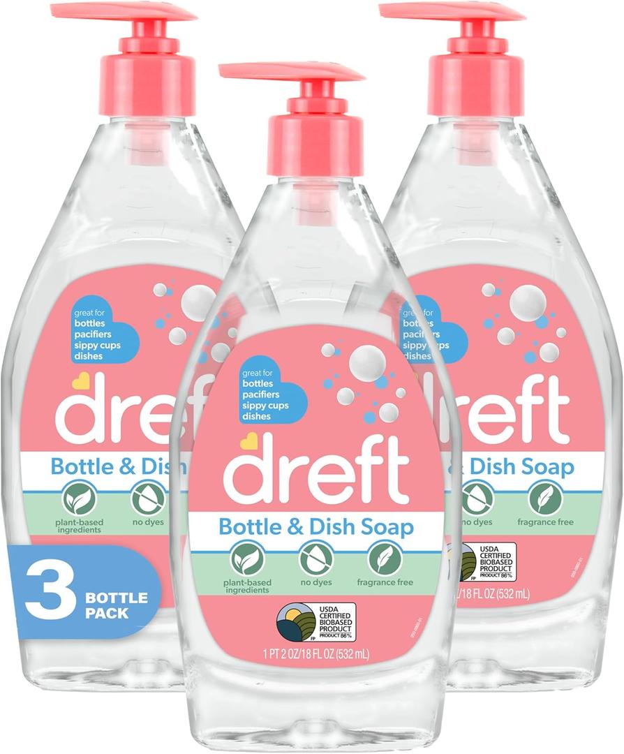 DREFT Bottle and Dish Soap | Made to Clean Baby Bottles, Sippy Cups, Pacifiers, Breast Pumps, & More | Gently Removes Milk Film & Odors | Plant Based, Fragrance Free Dish Soap | 18 Fl Oz (Pack of 3)