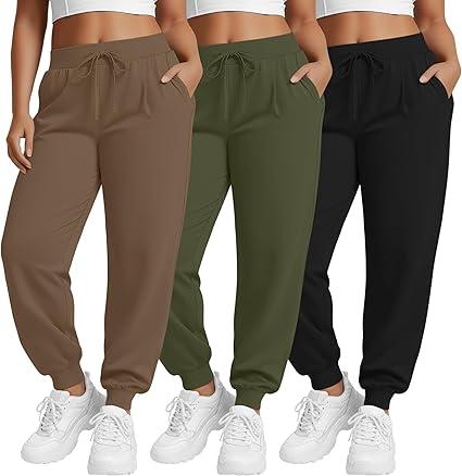 3 Pack Women's Plus Size Yoga Joggers Pants, Casual Drawstring Workout Lounge Pants Active Sweatpants with Pockets,S