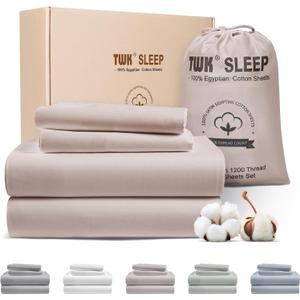 TWK 1200 TC 100% Egyptian Long-Staple Cotton Bedding Sheets Set, Luxury Hotel Style Deep Pocket with Elastic Reinforced Seams Sheet Set, Soft & Comfy Natural Sheets(Sand King)