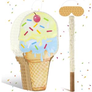 Ice Cream Piata Ice Cream Cone Shaped Piata with Stick Blindfold for Kids Birthday Summer Candy Theme Girls Baby Shower Beach Wedding Party Supplies Decorations, 15.8 x 9.5 Inch(Khaki)