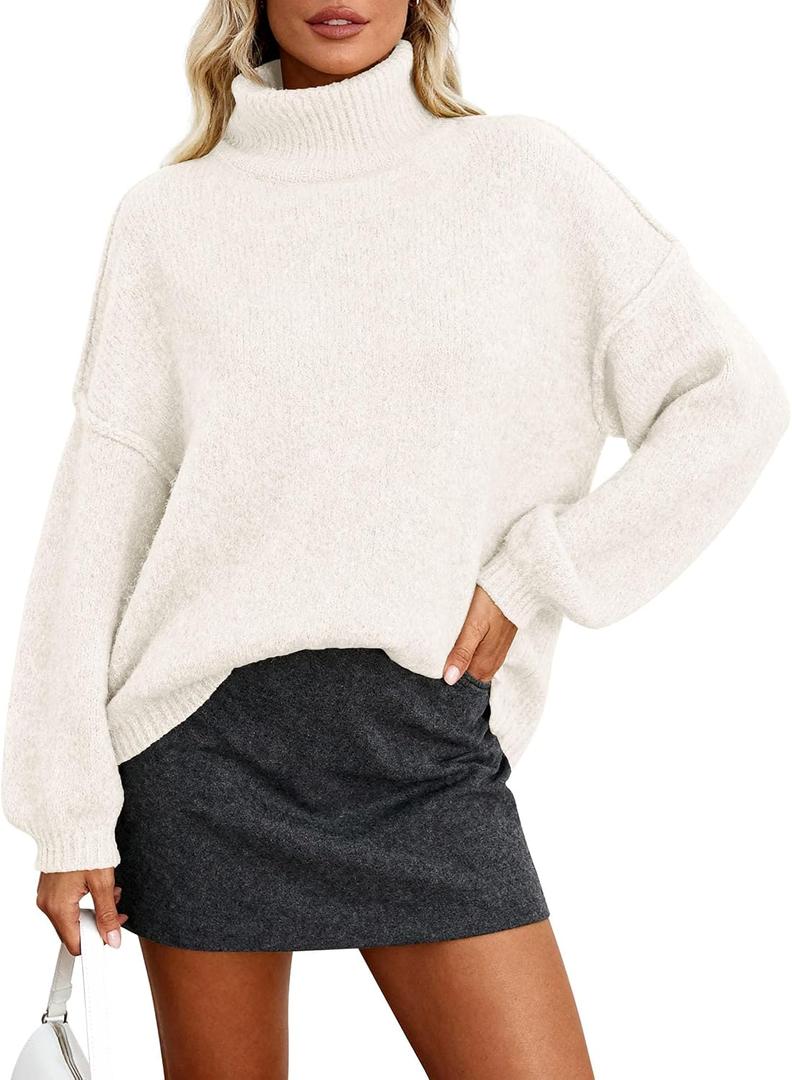 PRETTYGARDEN Oversized Sweaters for Women Fall Clothes 2026 Long Sleeve Mock Neck Tops Chunky Knit Pullover Winter Clothing (White, XL)