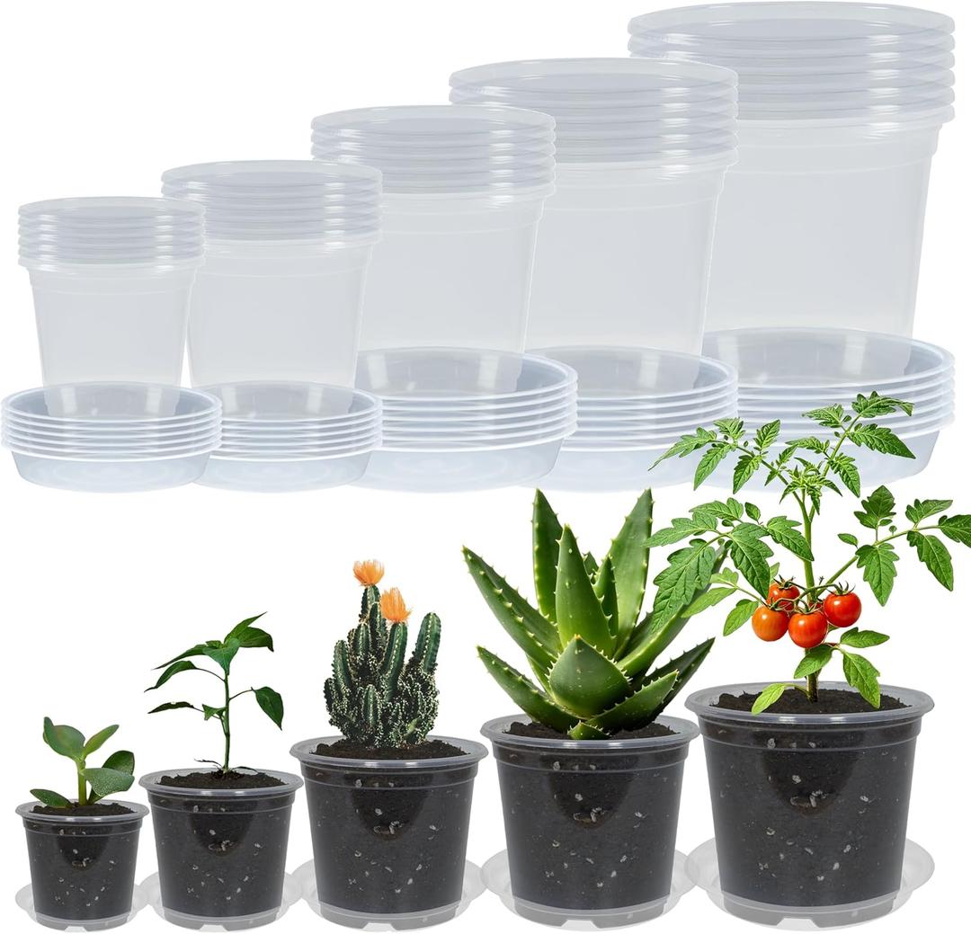 30 Pack 3/4/5/6/7 Inch Clear Nursery Pots with Drainage and 30 Pack Plant Saucers, Plant Pots for Plants Transparent Potting Containers for Plants Seeding Starter Pot (Clear, 3/4/5/6/7 Inch)