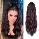 Ponytail Extension 22 Inch Black mixed Burgundy Long Wavy Drawstring Ponytail Extension for Women Synthetic Ponytail Hair Extension Clip in Hairpiece for Daily Use