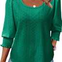 Tankaneo Womens 3/4 Length Sleeve Ladies Tops and Blouses Casual Eyelet Top Crewneck Dressy Shirts with Smocked Cuffs 2025 (Green, L)