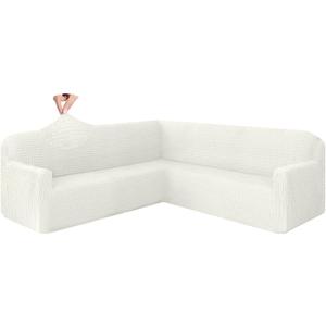 HDCAXKJ Sectional Couch Cover L Shape Sofa Covers Washable Stretch Couch Covers for Sectional Sofa 1 Piece Seersucker U Shaped Couch Slipcover Furniture Protector for Pets Dogs (Ivory White, Large)