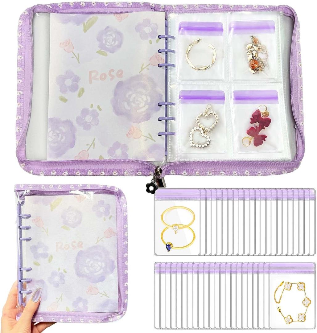 Jewelry Storage Book Transparent Earring Bracelet Rings Necklace Pouch Organizer Zipper Bag with pockets (purple)