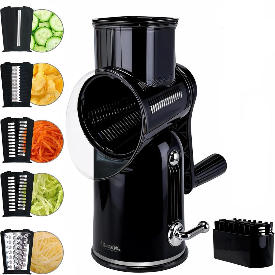 Rotary Cheese Grater with Handle – Includes 5 Stainless Blades and Feature Strong Suction Base – Easy to Clean, Cheese Shredder Hand Crank, Multi-Purpose Slicer (Black)