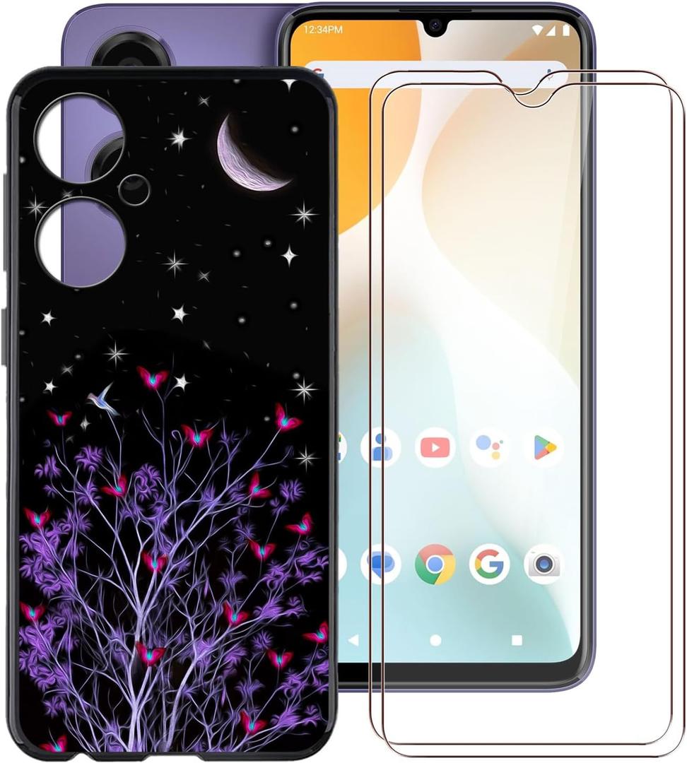 Shockproof Phone Case for BLU G64 (6.80") + 2 Pack Tempered Glass Protective Film, Slim Soft Silicone Shell Anti Scratch TPU Cover for BLU G64 - Purple Night