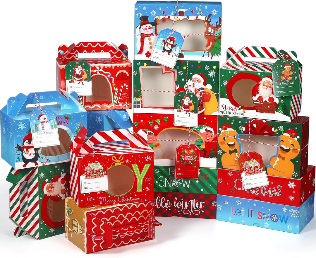 24 Pcs Christmas Cookie Boxes with Window 2 Styles Christmas Bakery Boxes with Tags Strings Xmas Party Cupcake Treat Candy Containers for Xmas Pastry Packaging Supplies