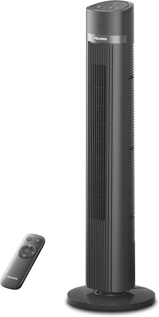 PELONIS 40 inch Bladeless Tower Fan for Bedroom, Standing Fan with Remote Control, 26ft/s, 90 Oscillation, 3 Speed Settings, 27 Db, 3 Modes, 15-Hour Timer, LED Display, Fan that Blows Cold Air, Grey