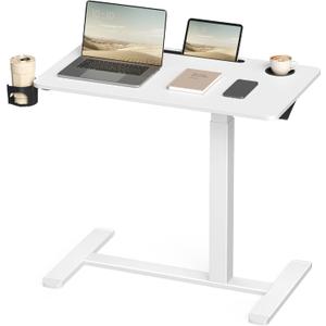 VASAGLE Overbed Table with Wheels, Mobile Standing Computer Desk, 31.5 x 17.7 Inches Tabletop, Adjustable Height, 2 Cup Holders, Phone and Tablet Slot, Cloud White ULSD601W01