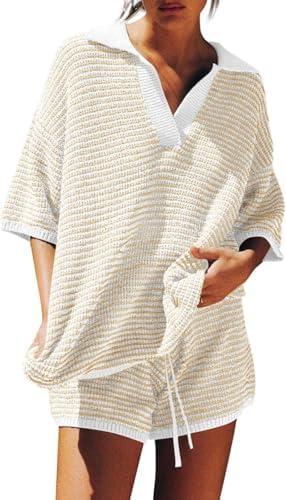 Tankaneo Womens Sweater Set 2 Piece Outfits Oversized 3/4 Sleeve V Neck Knit Tops High Waisted Shorts Lounge Sets, Large