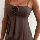 Aleumdr Womens Tankini Swimsuit Flower Flyaway Two Piece Bathing Suit Bandeau Swim Top with High Waisted Bottom (Brown, L)