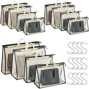Interesse 12 Packs Dust Bags for Handbags, Clear Handbag Storage, Purse Storage Organizer for Closet, Purse Cover Hanging Closet Organizer with Zipper and Handles (4 Sizes-12PCS-Beige, Beige)